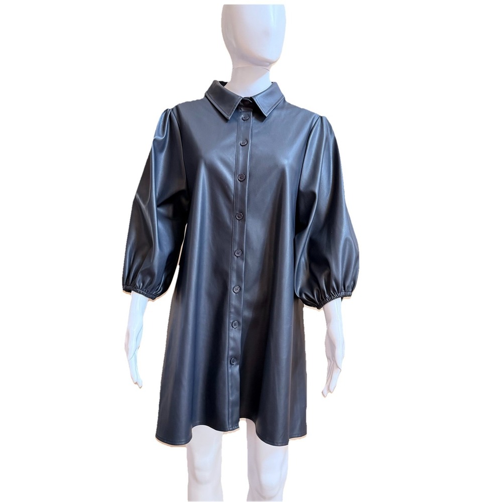 Dolce Cabo Everywhere Faux Leather women's Dress With Puff Sleeves Dark Navy (M)